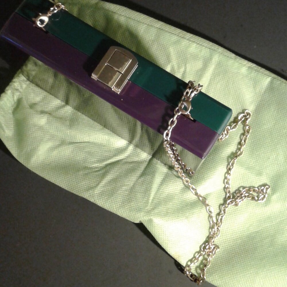 Kate Landry Green and Purple Clutch w/Gold-tone Removable Chain